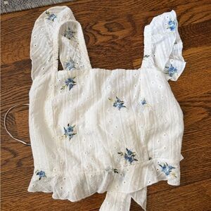 White Eyelet Camisole with Blue Floral Embroidery